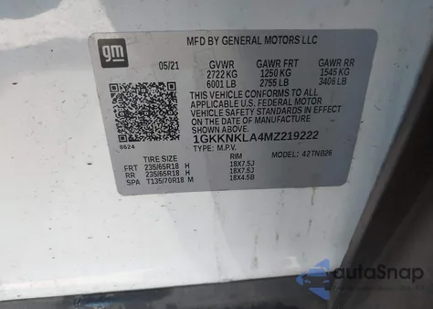 2021 GMC Acadia Sle z USA, uszkodzony, nr VIN 1GKKNKLA4MZ219222